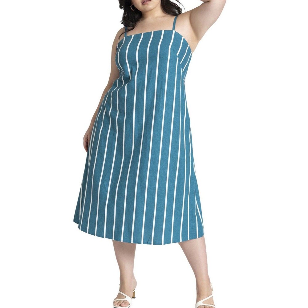 ELOQUII Blue Striped Linen Blend Cutout Sundress Plus Size 16 Midi Dress - NWT